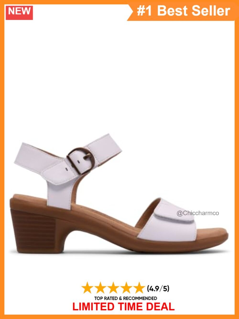 Clarks Emily 2 Amanda White Leather Block Heel Strappy Sandal